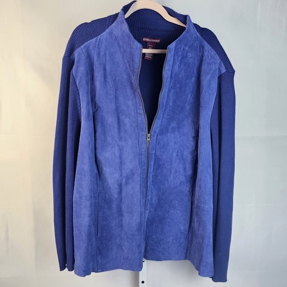 Jessica London Jackets & Blazers - Jessica London Blue Suede Leather Ribbed Knit Full Zip Jacket Women 30/32 US 3X
